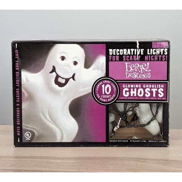 Vtg Eerie Descents Glowing Ghoulish Ghosts Blow Mold Halloween String Light Rare - Picture 2 of 15